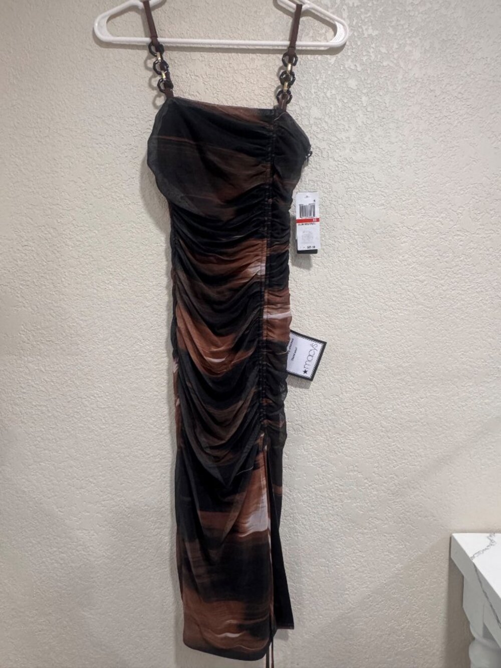 Seni & Code Brown & Black Ruched Midi Dress With Chain Straps XS